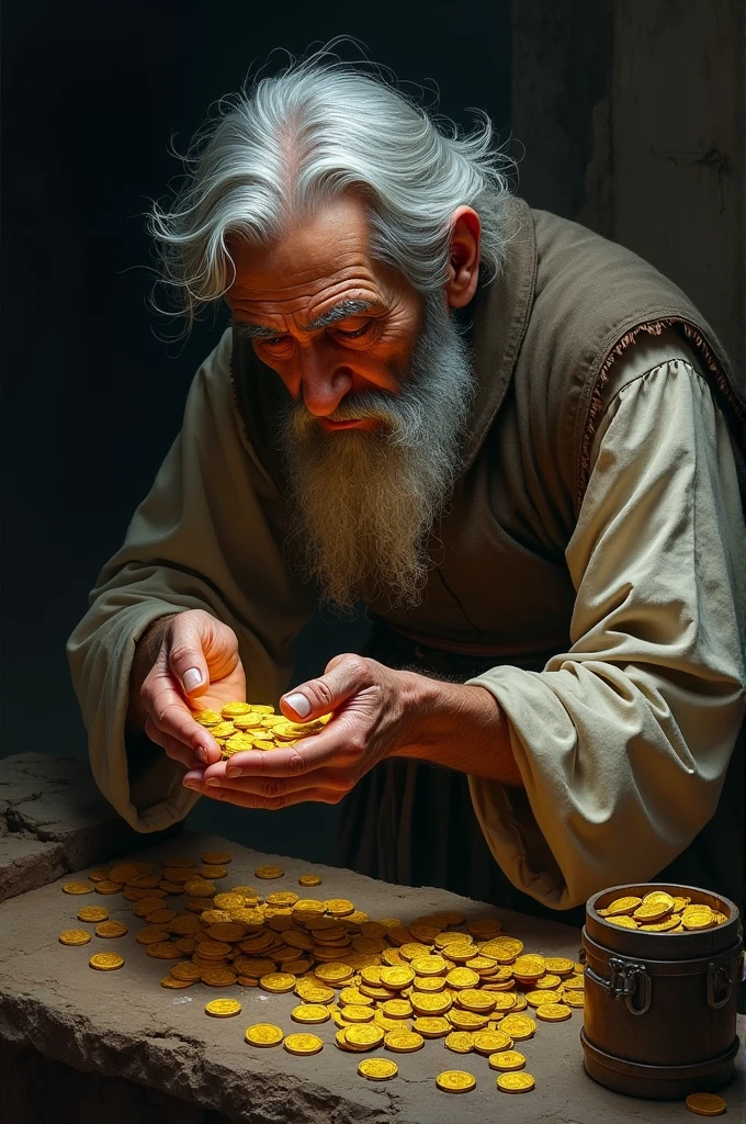 A old man with old dress triding gold
coins