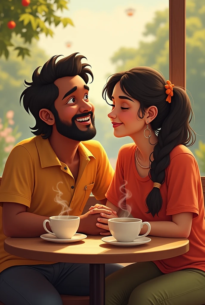 Growing Friendship: A warm and playful moment where Ravi and Simmi are laughing together, perhaps sitting in a park or at a small town café, as their bond grows stronger