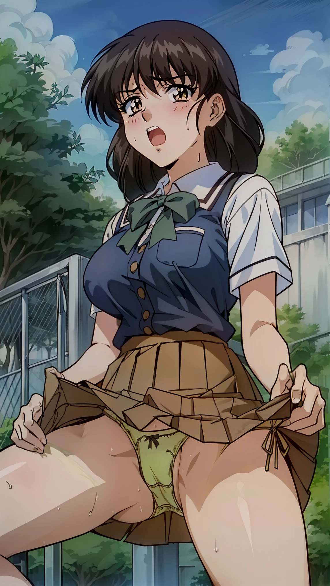 night,high school girl、Big Breasts (Black School Best, Collared short-sleeved shirt, White shirt, school uniform, Black Box Pleated Skirt, Dark green bow tie), ((String Panties, Skirt Lift、Thigh sweat)) (Beautiful views), evening, (Outdoor, distant cityscape), ( Embarrassed face、Open your mouth), Spread your legs、View from below