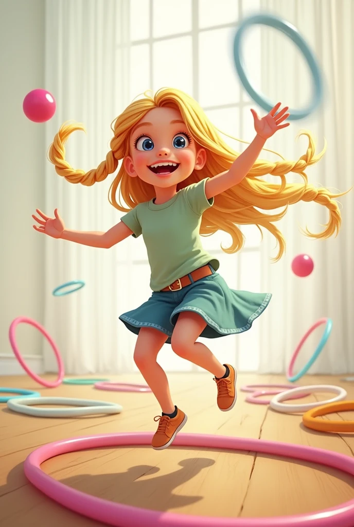   blonde hair with braids jumping a hula hoop circuit on the floor, while holding a small pink ball