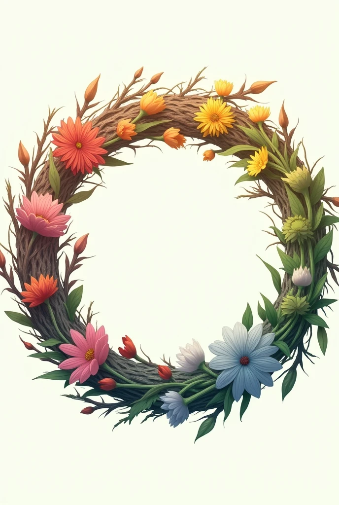 Celluloid style,Japanese anime style,With flowers,Bone,Grass,Twisted tiny dead branches,The ring composed。{The focus of the composition is on the outside of the ring:1.4},{There is a large blank space in the middle of the ring:1.4},The natural atmosphere of the wreath reflects the four solar terms of spring, summer, autumn and winter,Forms a cycle。