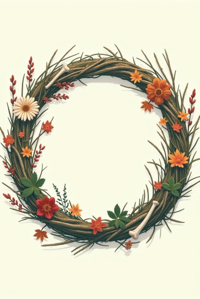 Celluloid style,Japanese anime style,With flowers,Bone,Grass,Twisted tiny dead branches,The ring composed。{The focus of the composition is on the outside of the ring:1.4},{There is a large blank space in the middle of the ring:1.4},The natural atmosphere of the wreath reflects the four solar terms of spring, summer, autumn and winter,Forms a cycle。