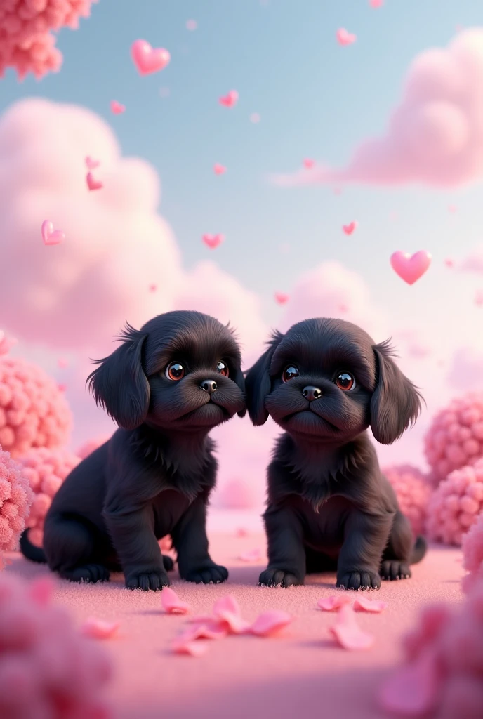 2 adorable black shih zu puppies,「Pink and blue fantastic sky、Heart shaped cloud floating、Calm digital art」
- 「Heart-shaped clouds floating in a pastel-colored sky、Petals fluttering around、Dreamy landscape」4K --- Expressed like this、You can instruct the image generation AI。3D Pixar style