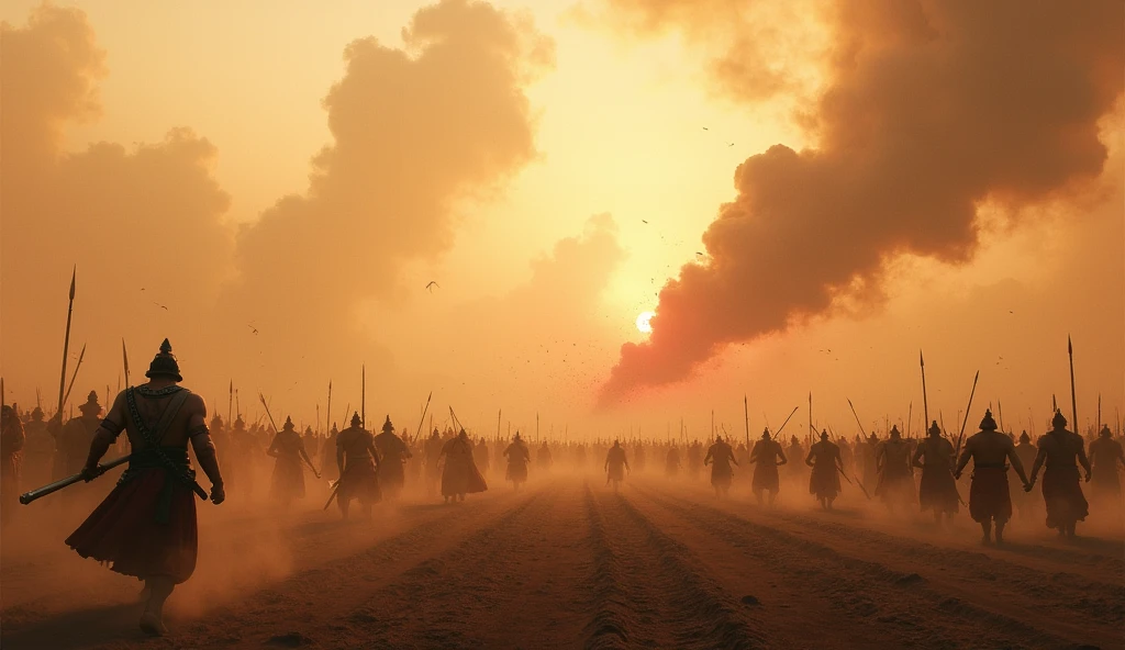 in cinematic"A vast, intense battlefield of Kurukshetra, with warriors fighting, dust rising, and chaos all around."