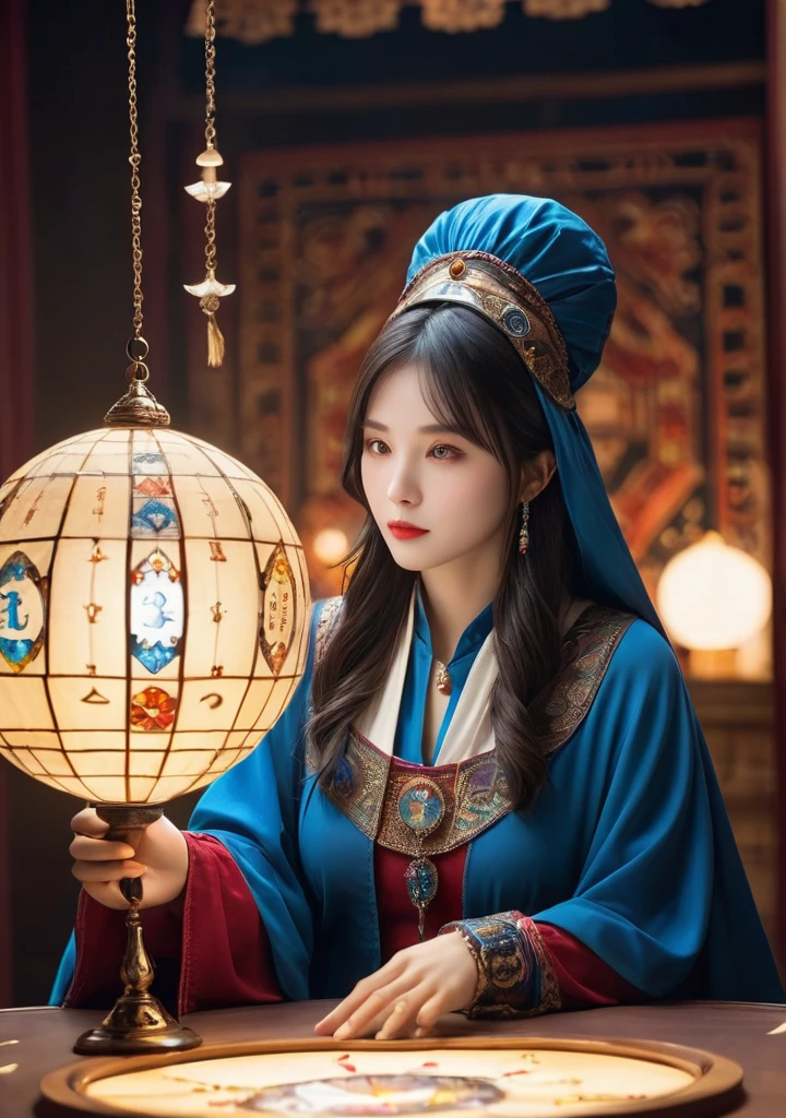 Overall body orientation: frontal. Female fortune teller. Charming, beautiful and mysterious. She wears a blue cloak over her head and has a clear face. The background is bright and glittering. The atmosphere is full of anxiety and anticipation. The fortuneteller is standing. He holds a crystal ball in each hand. The lighting in the room is bright, creating a fantastic atmosphere. Top image quality, 4K or 8K resolution. The level of detail is very fine and photorealistic. Artistic style should reflect the aesthetic of the formula with bright colors and strong contrasts. The color palette should emphasize the mysterious and mystical theme of the piece. The fortune teller's cloak is decorated with metal trim and intricate designs, with a thickness ratio of 1.5 The overall mood is stellar and fantastical. The fortune teller's expression should evoke mystical interest. There is no one there but the fortune teller.