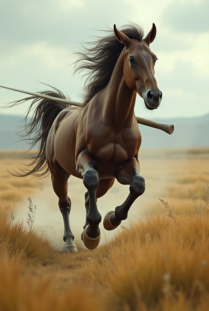 A centaur sprints across the plains with a spear in hand,Panning shot,Trained muscles,Dynamic Scene,mature,Experienced,