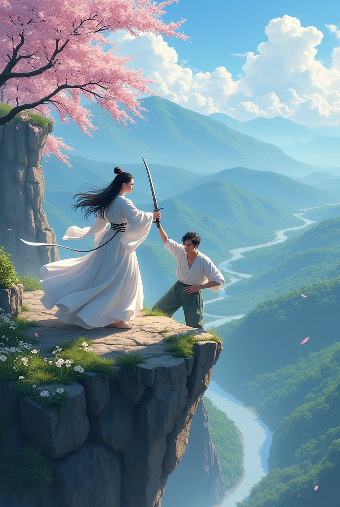 A white-clothed female warrior clashes with a sword that pierces the young man&#39;s chest on a cliff. A beautiful peaceful scene in the anime., Very beautiful landscape., Landscape art, Landscape Art Details, Very beautiful digital art., The beauty of natural landscapes, UHD 4K beautiful art, Very beautiful photos, beautiful nature, landscape wallpaper, really beautiful nature, Beautiful digital artwork, beautiful background, The cherry blossom tree, anime style