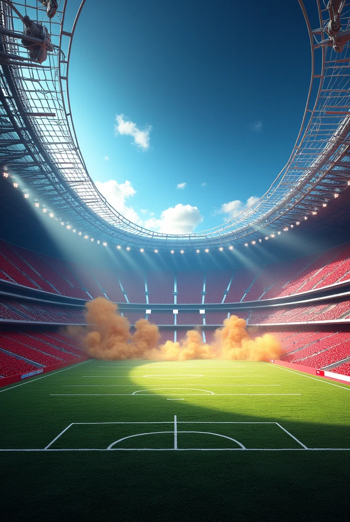 Modern football stadium in blue and red with golden smoke, ninja turtles backdrop and modern full stadium details 