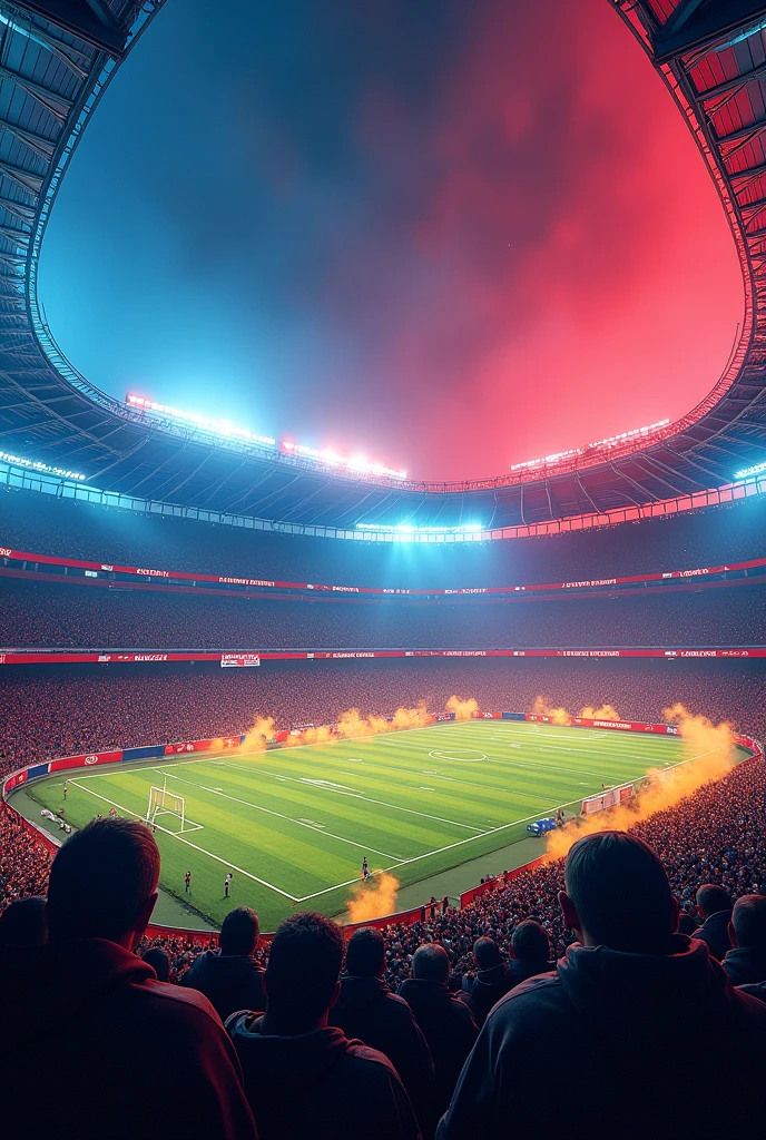 Modern football stadium in blue and red with golden smoke, ninja turtles backdrop and modern full stadium details
