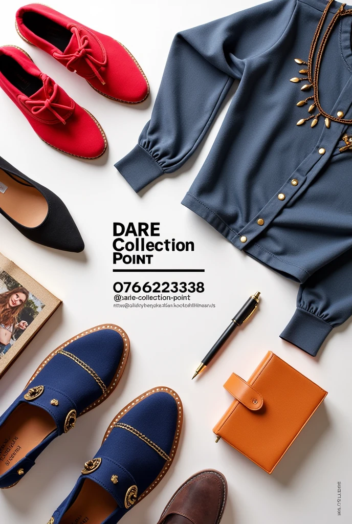 Create poster with Shoes, clothes, Book and pen. The heading should be DARE COLLECTION POINT. Should contain contact 0762623338, @Dare_collection_point. Remove all tag