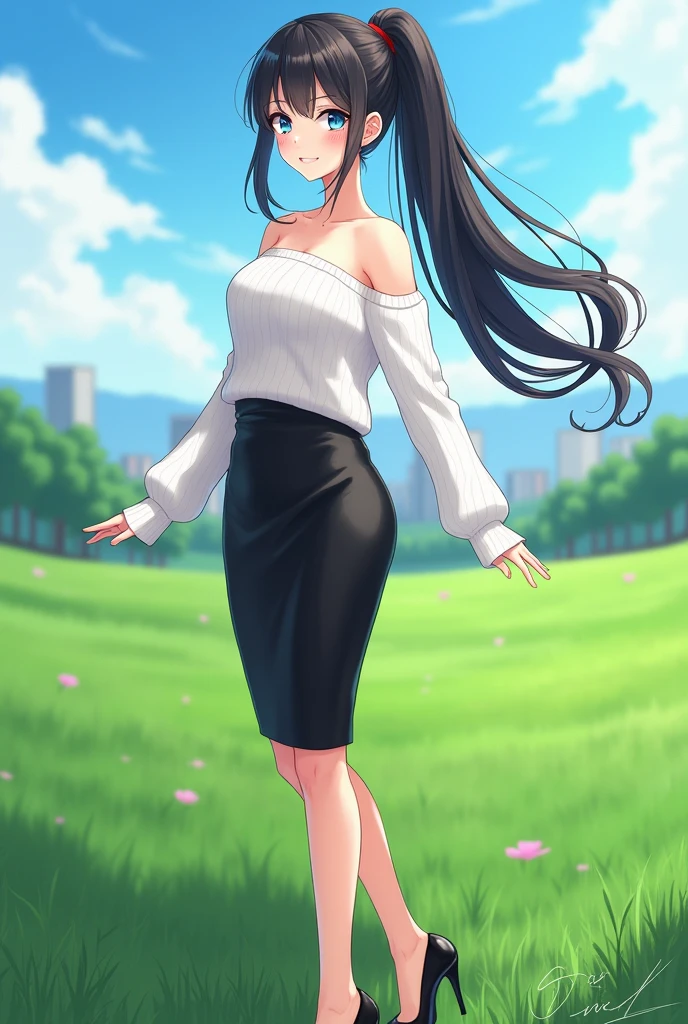 A digital illustration in anime style featuring a full-body portrait of a girl standing in a grassy field. She has long black hair styled in a ponytail and blue eyes. She is wearing an off-shoulder white sweater, a black glossy satin pencil skirt, and black high heels. The illustration should be ultra-realistic and high resolution (8K), with a clear and sharp depiction of the entire character from head to toe. The girl is smiling, with beautifully structured features and elegantly posed legs highlighted by the high heels. The content should be highly detailed, with an exquisite and sublimely beautiful presentation. The background should include a cityscape, enhancing the overall masterpiece quality of the illustration.