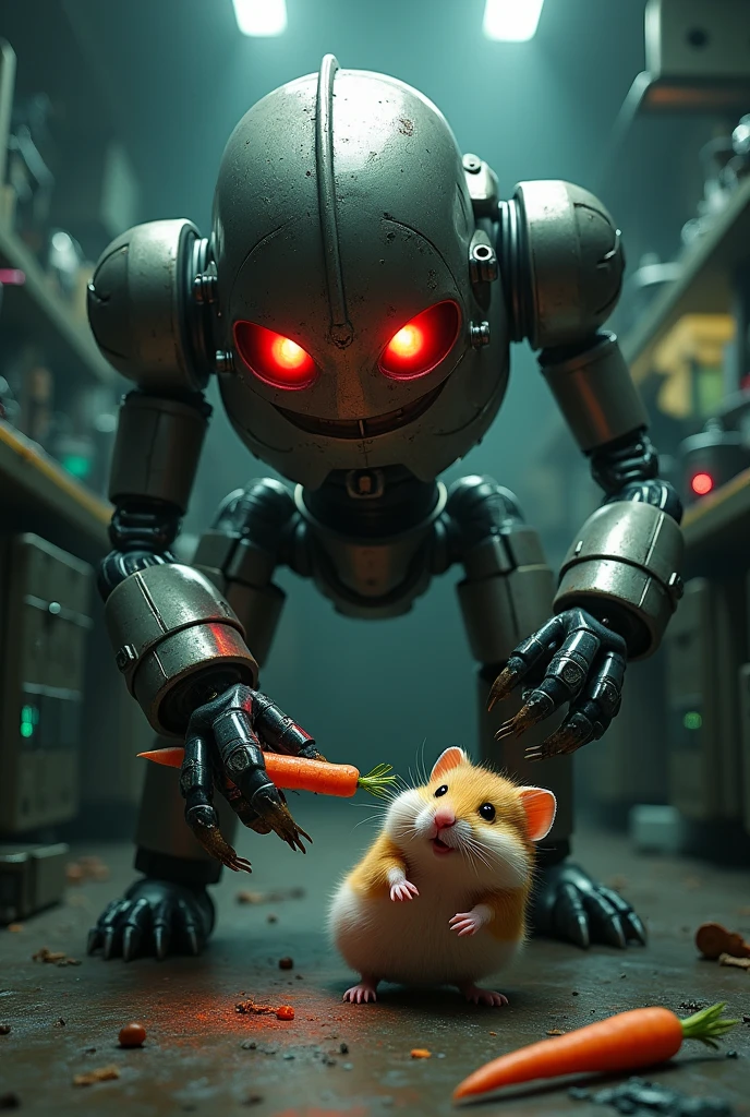 Robot killing hamster with carrot 