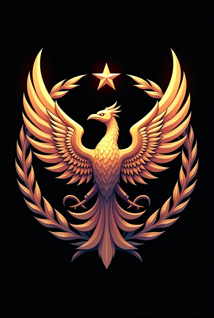 Neo-imperial style Aerospace Force crest insignia, HD art,HD vector, Vector Illustration. Military Insignia .Black background. Plain background. Vector PNG. Flying Phoenix Mascot. Phoenix Motif. Stylized phoenix.Air and space force emblem. High quality Crest.With Laurel Wreath. Intricate designs