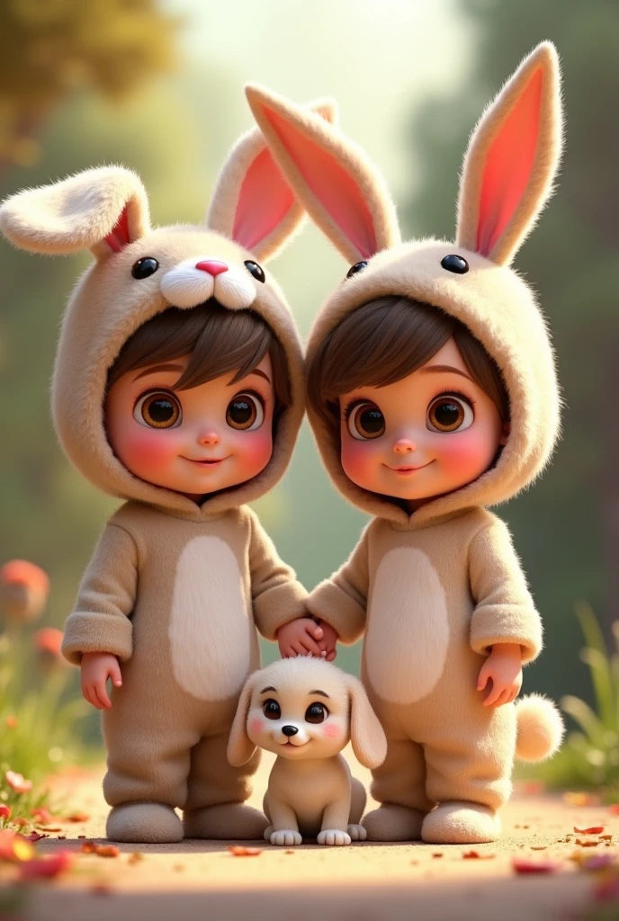 DISNEY PIXAR WITH BROWN EYES DRESSED AS A RABBIT HOLDING THE HAND OF A BOY WITH BROWN EYES DRESSED AS A RABBIT NEXT TO A WITH BROWN EYES DRESSED AS A RABBIT