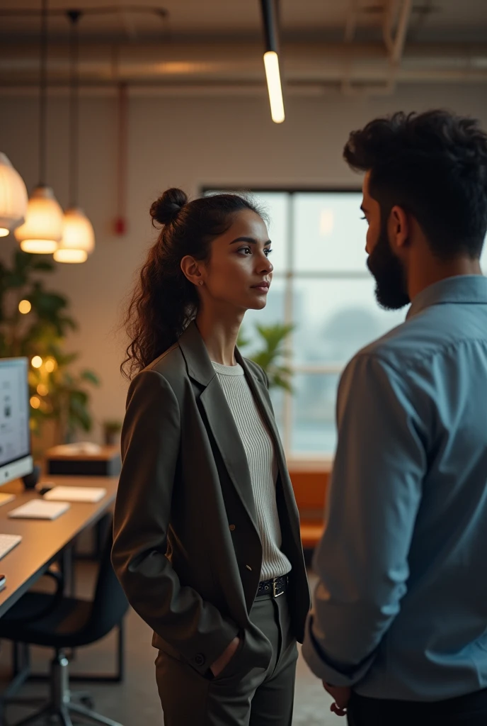 Career vs Love: Simmi receiving a major job offer with excitement but also a hint of sadness as she realizes it means leaving Ravi behind, set in a modern office or design studio
