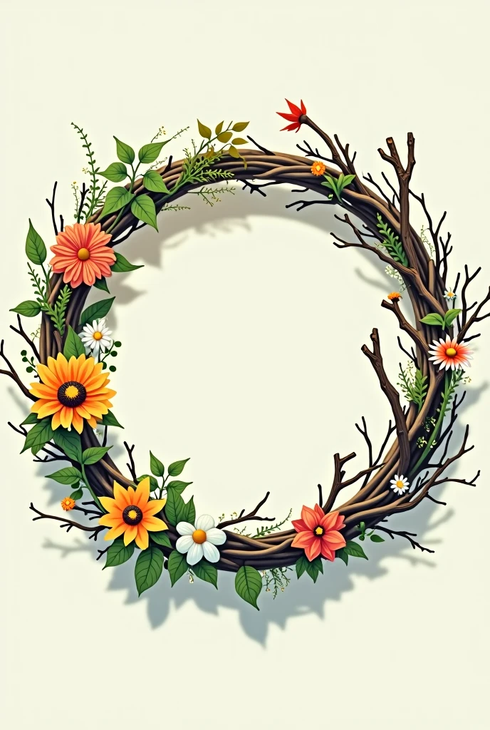 Celluloid style,Japanese anime style,With flowers,Bone,Grass,Twisted tiny dead branches,The ring composed。{The focus of the composition is on the outside of the ring:1.4},{There is a large blank space in the middle of the ring:1.4},The natural atmosphere of the wreath reflects the four solar terms of spring, summer, autumn and winter,Forms a cycle。