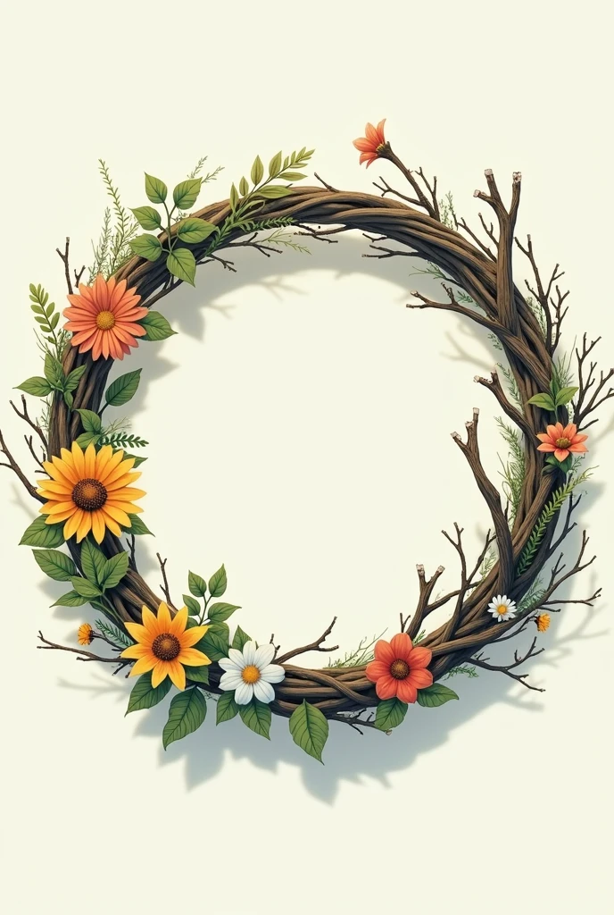 Celluloid style,Japanese anime style,With flowers,Bone,Grass,Twisted tiny dead branches,The ring composed。{The focus of the composition is on the outside of the ring:1.4},{There is a large blank space in the middle of the ring:1.4},The natural atmosphere of the wreath reflects the four solar terms of spring, summer, autumn and winter,Forms a cycle。