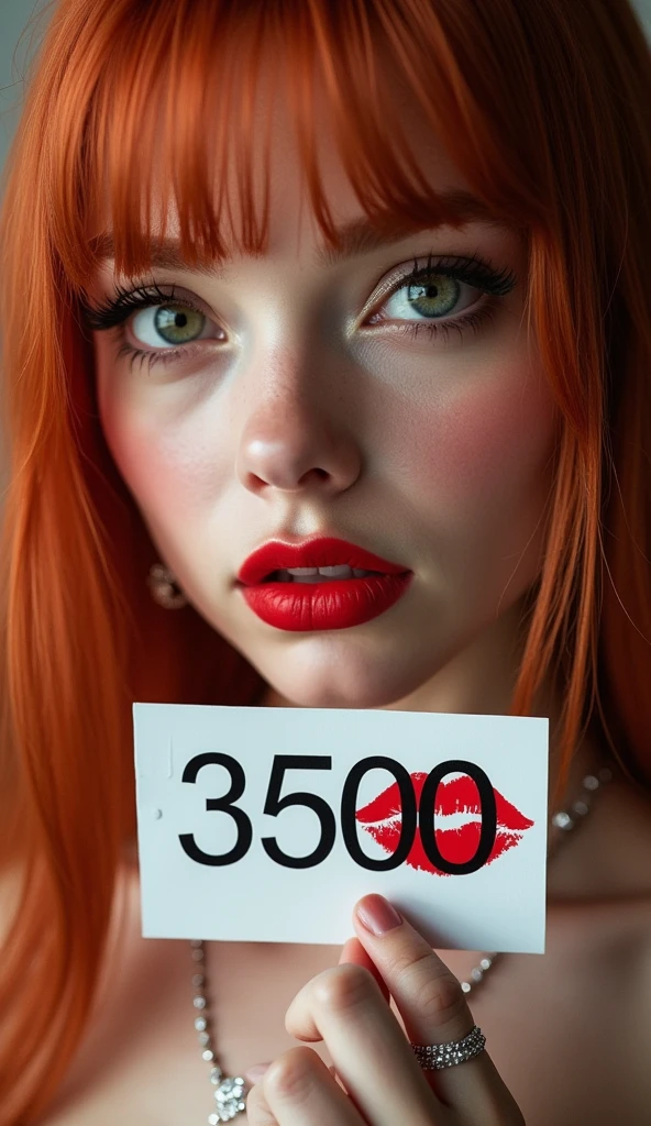 Close-up, extreme Close-up, Close-up portrait, portrait, Close-up on her lips, ultra realistic, photo, Long straight red hair, (19 years, green eyes, hourglass figure, perfect body, natural medium breasts), flirty look, glossy shiny red lipstick, Fatal Woman, She is a sex symbol, she is a sex goddess, long eyelashes, cat eye makeup, focus on her eyes, highlight her lips, her eyes focus the camera, in diamond jewelry, holding a white sign with a kiss printed on it in red lipstick and a number "3500" written in black over it, She has pouty lips and closed eyes
