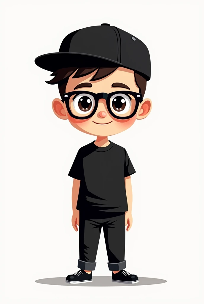 Chibi smiling cool guy with black shirt, pants and shoes, eye glasses and cap