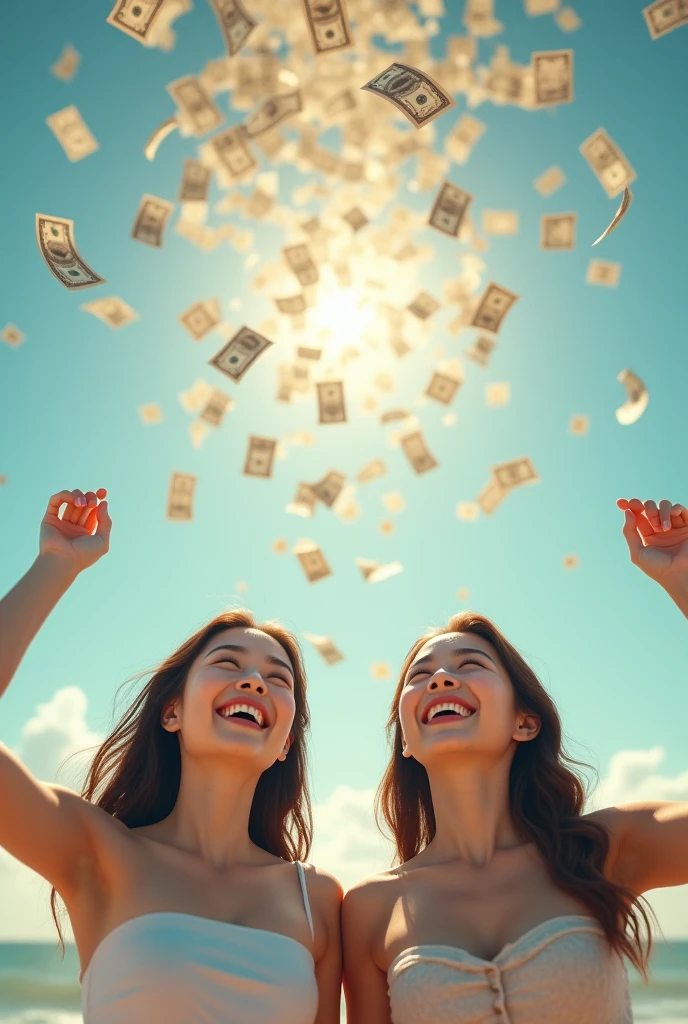 Two beautiful Thai girls smile happily, look up, spread their arms, wait to receive money, which has a lot of money falling from the sky.