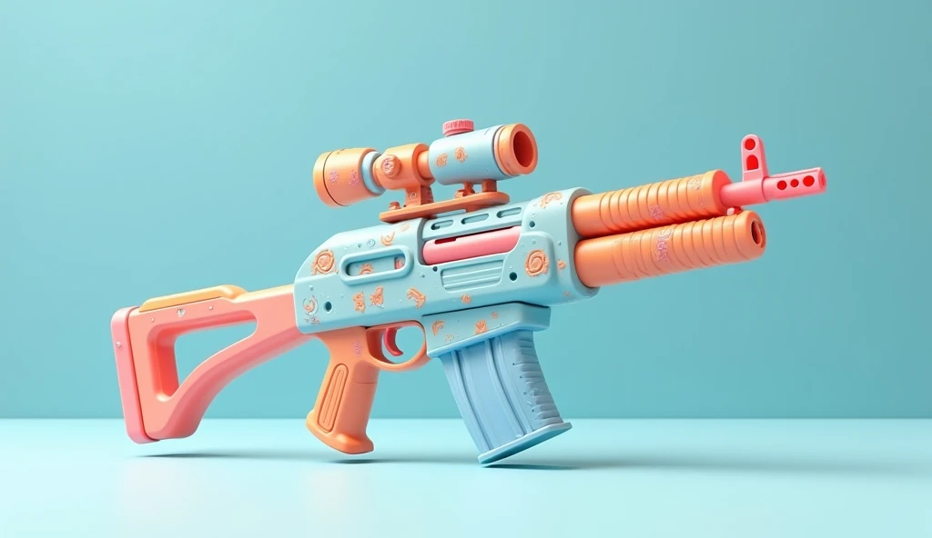 Mini double water gun toy,Integrated rifle mount,Q version,Cute pattern on the surface,Transparent magazine and scope recessed,(Similar structure to AK47),(Double muzzle:1.3),Smooth lines,Plastic material,Three-color Morandi color matching,high quality,Professional Product Photography,Table background,3d, OC Rendering,8K,