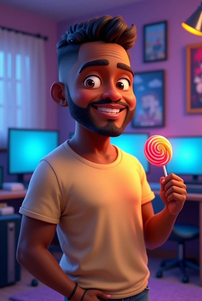 4d cartoon of a  black man who is not thin, neat hair is not stylish, eyes browns, clean  face, Wear casual clothes, t - shirt, standing in the gamer room, right hand holding a lollipop, For large and close-up images. high resolution.
