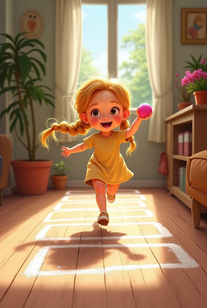with blonde hair and braids jumping around the hopscotch game drawn on the floor while holding a small pink ball