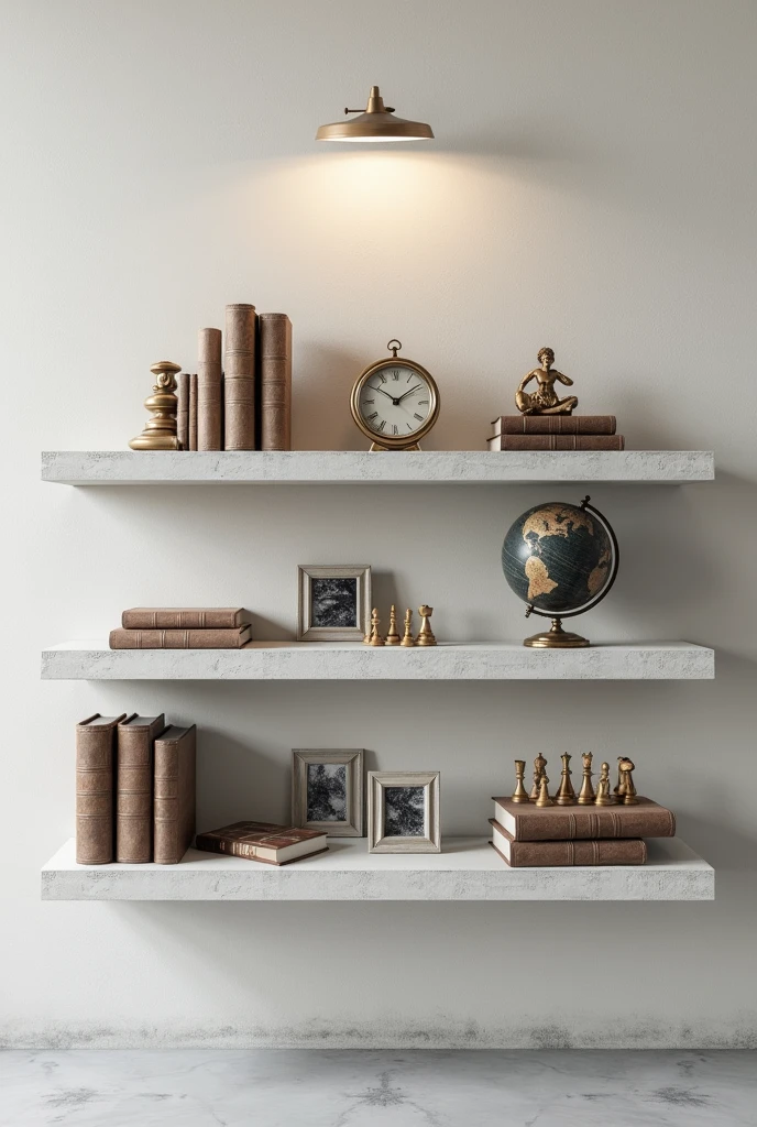 White 3 step concrete shelf wall background containing 
philosophy 6 books,clock,1 world globe, chess pieces, some 3 frame of moral paintings in small size frame, beautiful lighting,   luxury look every thing with beautiful outline 