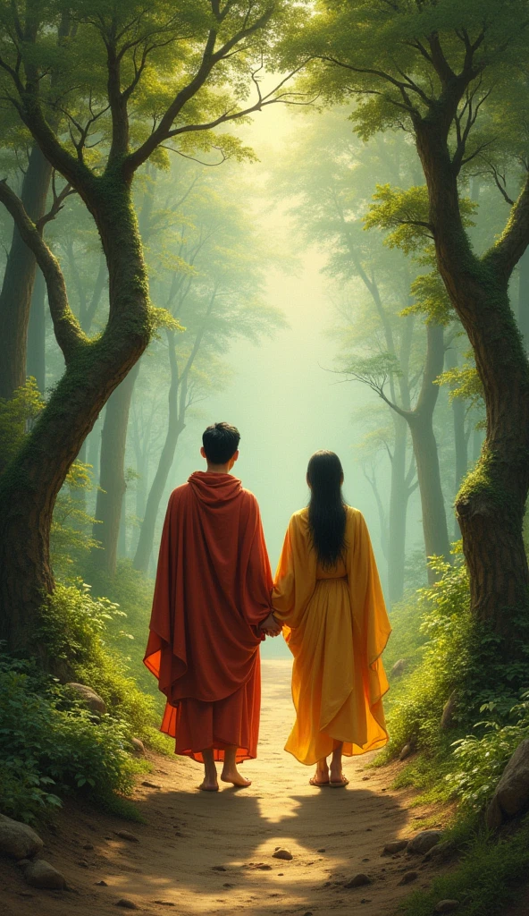 a painting of a man and a woman in a forest, buddhist, buddhism, on path to enlightenment, on the path to enlightenment, karma sutra, buddha, from ramayan, the buddha, kuntilanak on bayan tree, puṣkaracūḍa, beautiful depiction, enlightenment, love of wisdom, hindu stages of meditation