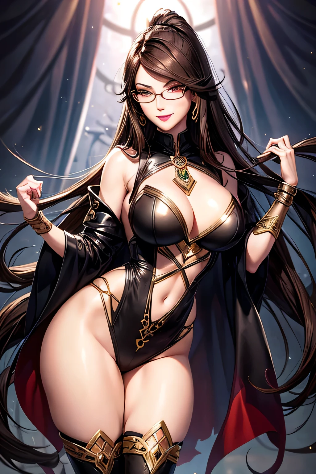 Solo, full body, androgynous boy, long brown hair, blacks eyes, lipstick, eyelashes, eyeliner, eyeshadow, brown eyes, smiling, blush, love, Bayonetta cosplay, sexy, curvy body, big boobs