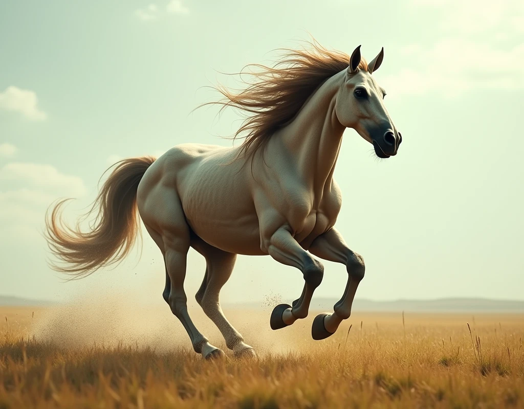 A centaur sprints across the plains with a spear in hand,Panning shot,Trained muscles,Dynamic Scene,mature,Experienced,