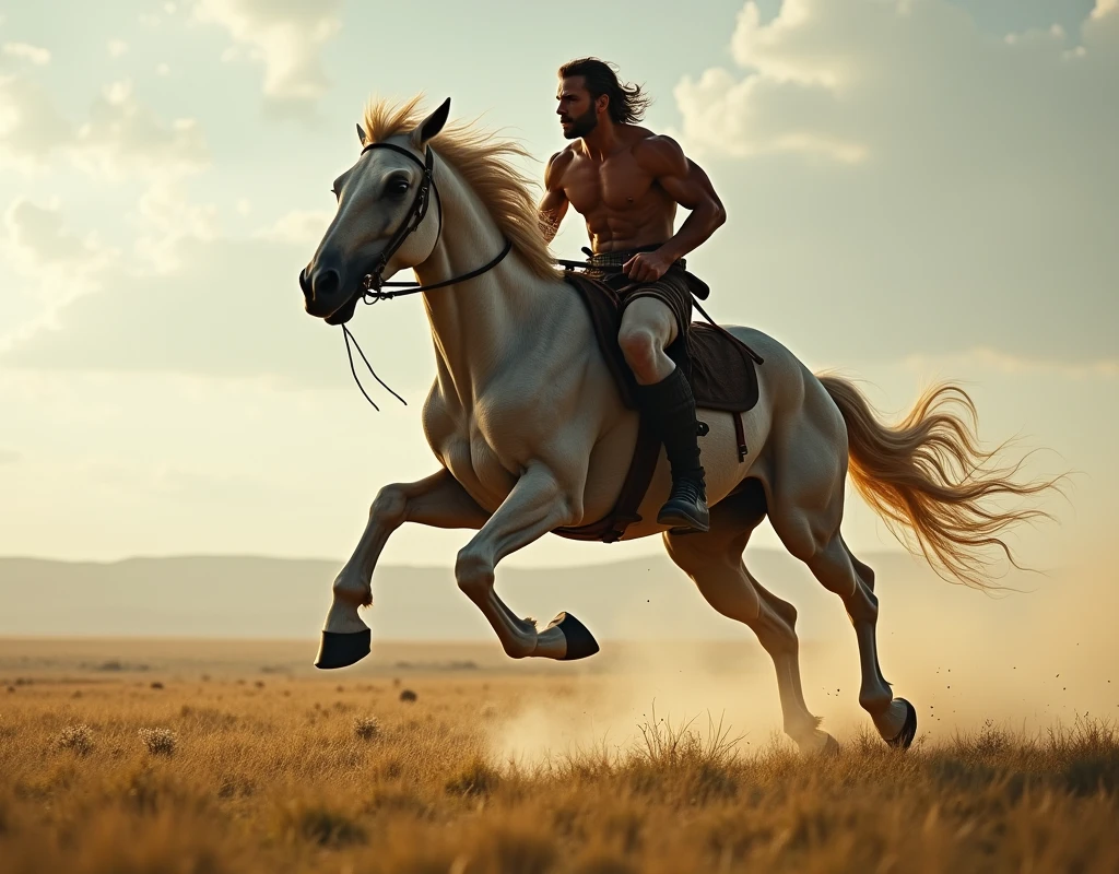 A centaur sprints across the plains with a spear in hand,Panning shot,Trained muscles,Dynamic Scene,mature,Experienced,