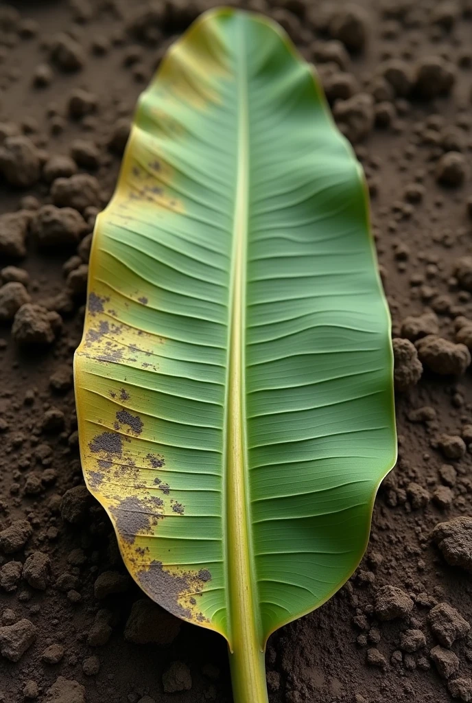 Banana leaf with nitrogen deficiency with soil background
