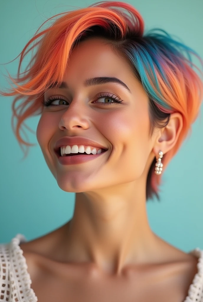 4k beautiful woman bob colorful hair color smiling golden ratio short sleeves