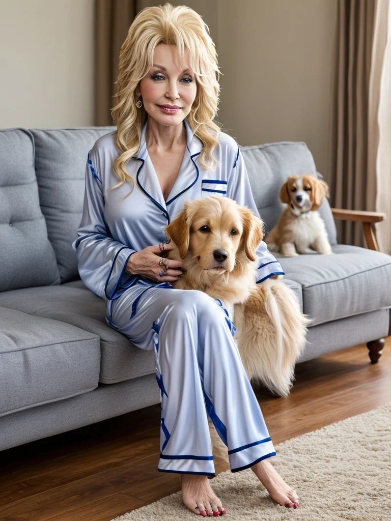 Beautiful Dolly Parton, wearing pajamas, pet dog, living room