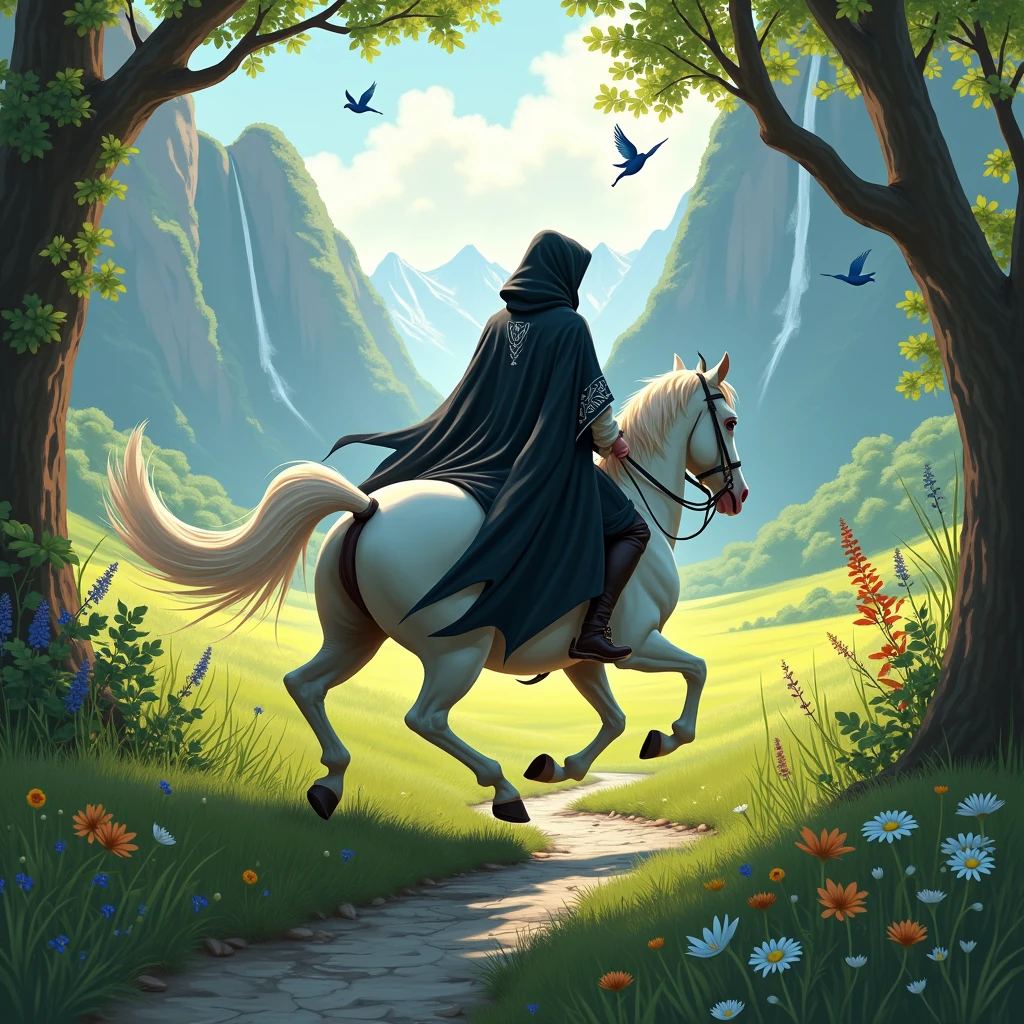 **Central Figure: Cabuliwala on a White Horse**
- **Positioning**: The Cabuliwala is riding a pure white horse, galloping horizontally across the scene. The Cabuliwala, dressed in a black cloak with white accents, is facing away from the viewer. The cloak is flowing naturally, with only the white garment underneath slightly visible, while the head and face of the Cabuliwala remain completely obscured by the cloak's hood. The horse’s tail and mane are dynamically flowing in the wind, emphasizing its movement. The Cabuliwala should be either holding a detailed sword or have it sheathed at his side.
- **Appearance**: The cloak is intricately detailed with white patterns. The sword is prominently visible or sheathed at the side. Ensure that the Cabuliwala's head and face are entirely covered by the cloak, with no visible features.
**Background Elements:**
- **Road**: A narrow, uneven path with scattered gravel or stones.
- **Vegetation**: Trees with vibrant green leaves and blooming flowers in red, yellow, purple, and blue.
- **Stream**: A clear stream with visible rocks underwater and gentle ripples.
- **Field**: A vast green field with tall grass and wildflowers.
- **Mountains and Waterfall**: Majestic mountains with a cascading waterfall, featuring dynamic water and a misty base.
**Additional Details:**
- **Birds**: Small, colorful lovebirds flying and perched on branches.
- **Lighting and Atmosphere**: Soft, golden light creating a magical, serene atmosphere with shadows enhancing depth.
- **Color Palette**: Harmonious colors with high contrast between the Cabuliwala's black and white cloak and the vibrant background.
**Special Note**: The horse is galloping with its tail and mane flowing in the wind. Ensure this dynamic movement is clearly depicted to highlight the motion of the horse and the flowing cloak, while keeping the Cabuliwala’s head and face fully covered and unseen.