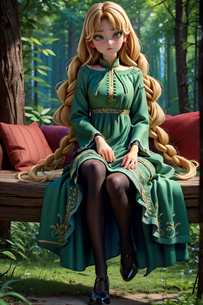 whole body、dress、pantyhose、Black footwear、Blonde、Loose braids、Beautiful Face、Green Eyes、Forest Background、(masterpiece:1.2)、Highest quality、Confused、Highly detailed wallpaper、Perfect lighting、(黒とのdress、length)sleeve:1.1)