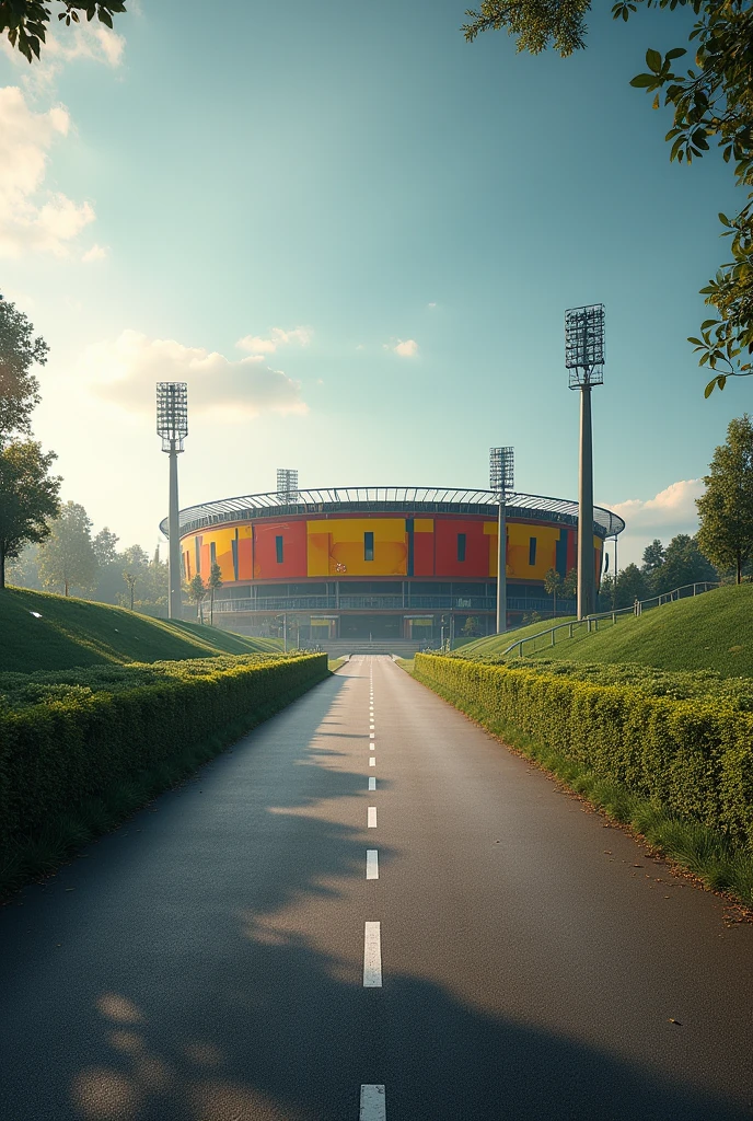There is a brand called Bundes Trials. Brand colors Yellow, Red and black. This company is involved in scouting.. That is, They hold selections in cities and send the best players from amateur football to Germany to be selected by professional football clubs... Now you, As a photographer, should post a picture of the stadium from the outside for me.. The stadium should look like a dream with a long road. That is, as the final goal.. 