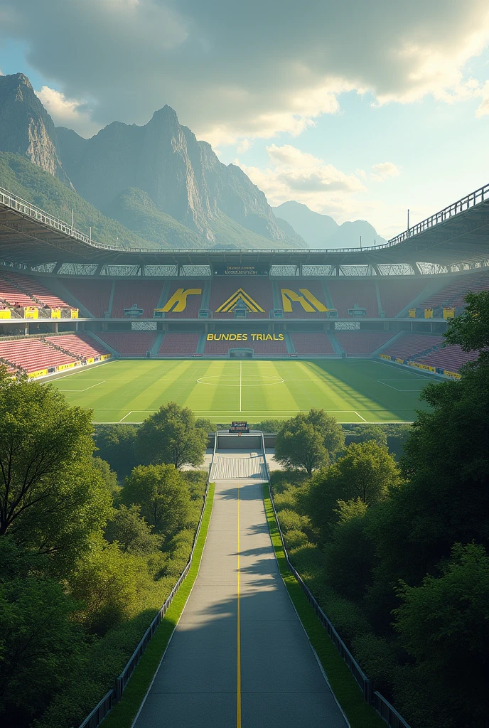 There is a brand called Bundes Trials. Brand colors Yellow, Red and black. This company is involved in scouting.. That is, They hold selections in cities and send the best players from amateur football to Germany to be selected by professional football clubs... Now you, As a photographer, should post a picture of the stadium from the outside for me.. The stadium should look like a dream with a long road. That is, as the final goal..