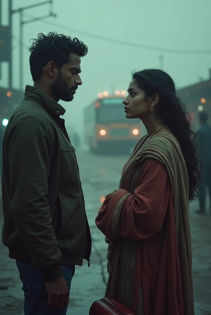 Emotional Decision: A dramatic scene where Ravi and Simmi are parting ways, both with heavy hearts, standing in front of a bus or train station, with Simmi about to leave for the big city.