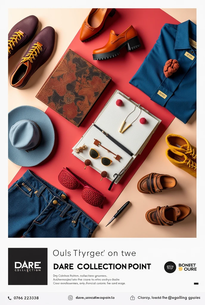 Create poster with Shoes, clothes, Book and pen. The heading should be DARE COLLECTION POINT. Should contain contact 0762623338, @Dare_collection_point. Remove all tag