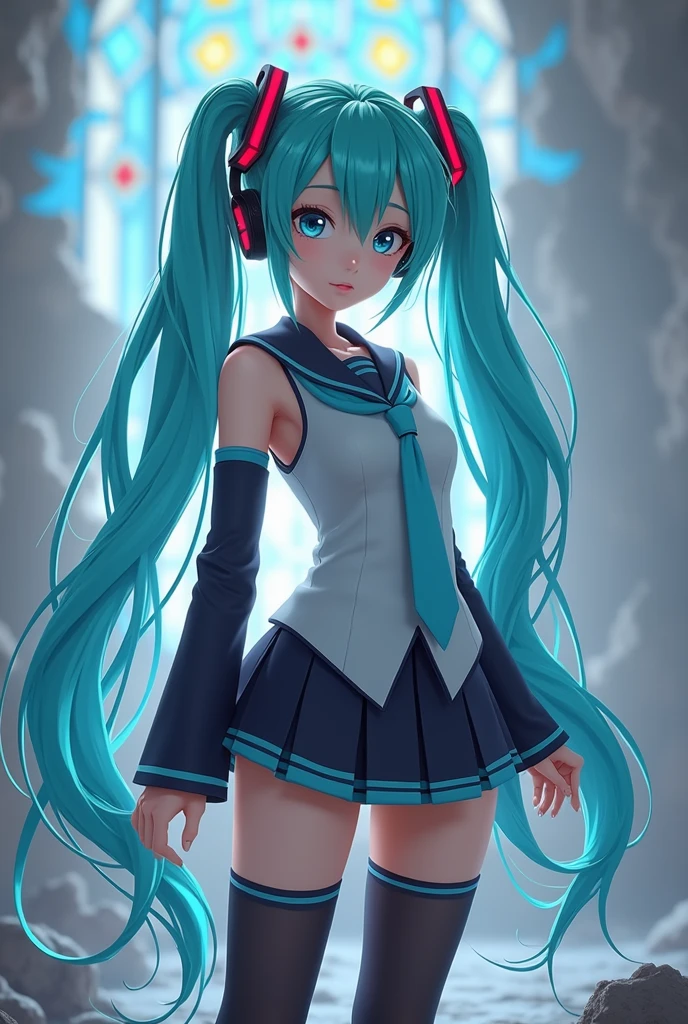 Hatsune Miku genius cosplayer girl, complex detail Highly Detailed Eyes, fade, Japanese high school sailor uniform, ,(Ruined dungeon ruins background stained glass background:1.4 ), 16k resolution, Raw, Nikon Z9, Creative, masterpiece, fantasy, HD, high quality, 8K, Practical, Dramatic Lighting, Soft Focus, Digital Illustration, complex的机制, Advanced Technology, Dark background movie, High contrast, High contrast Atmosphere, (best quality, 4K, 8K, HD, masterpiece: 1. 2), Extremely detailed, (Practical, Image, PhotoPractical: 1. 4) -- No glass -- AR 16:9 -- Stylization 1000, high quality, (Raw photo, best quality), (Practical, photoPractical: 1.4), (Extremely refined: 1.4), Astonishing, Fine details, masterpiece, Extremely detailed, high resolution, Best Illustration, Best shadow, complex, ( extremely complex: 1.2), (Delicate and fine skin), Movie Lighting, Perfect anatomical structure, (Cool colors: 1.4), Clear focus, 8K UHD, Digital SLR Camera, (Fuji XT3),(American Posture :1.4), (bust :1.4)