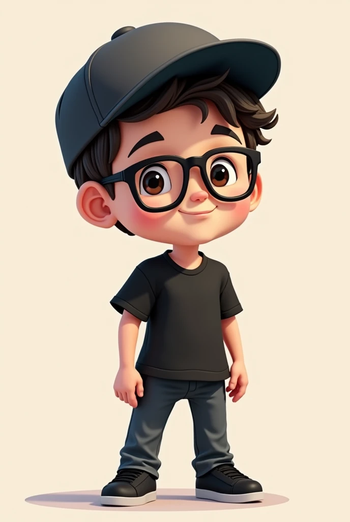 Chibi smiling cool guy with black shirt, pants and shoes, eye glasses and reversed cap