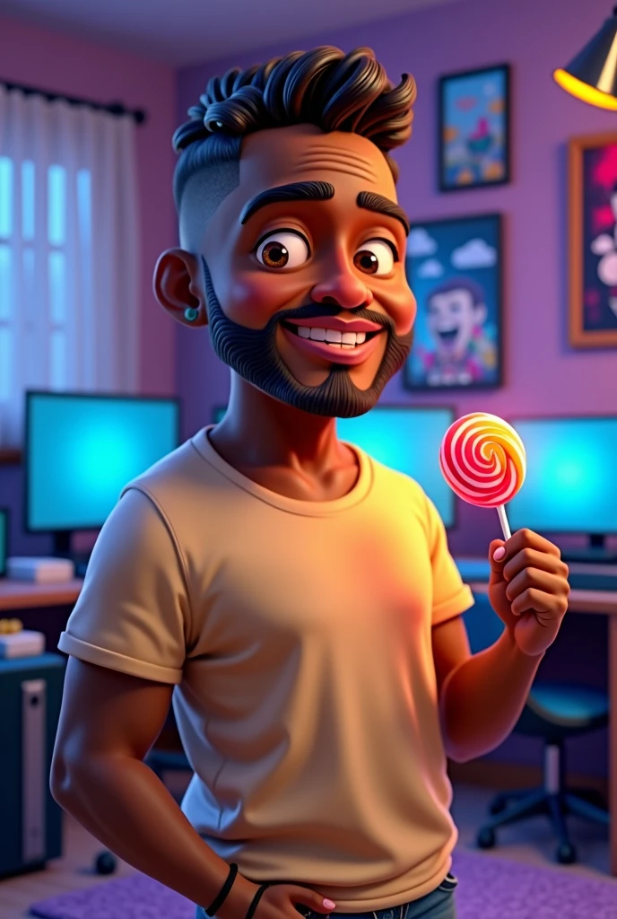 4d cartoon of a black man who is not thin, neat hair is not stylish, eyes browns, clean face, Wear casual clothes, t - shirt, standing in the gamer room, right hand holding a lollipop, For large and close-up images. high resolution.