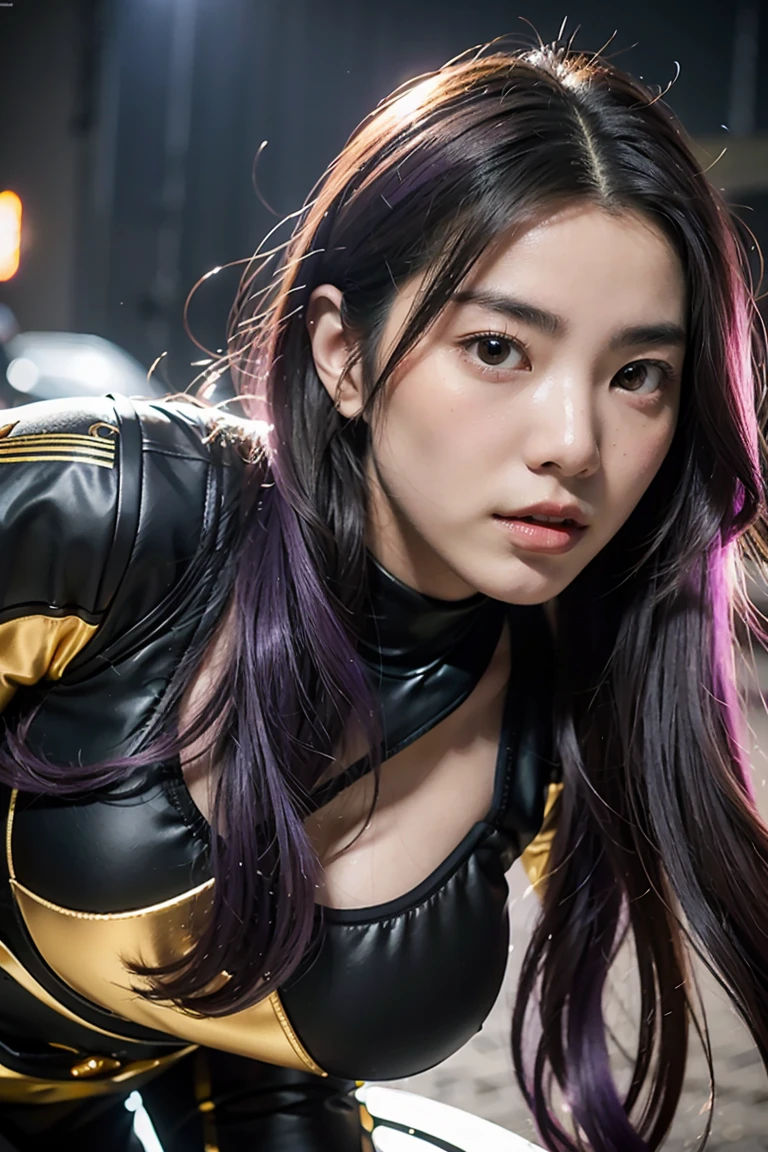 Cute girl with brown skin, sexy body, Wavy purple hair [With shades of black], golden eyes (shine), Ultra-realistic eyes, With a pistol., jump, With sniper suits., Valorant Riot Game on Lagged, round face, realistic light, ray, close up.