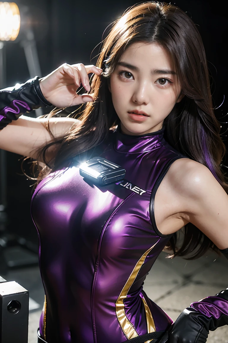 Cute girl with brown skin, sexy body, Wavy purple hair [With shades of black], golden eyes (shine), Ultra-realistic eyes, With a pistol., jump, With sniper suits., Valorant Riot Game on Lagged, round face, realistic light, ray, close up.