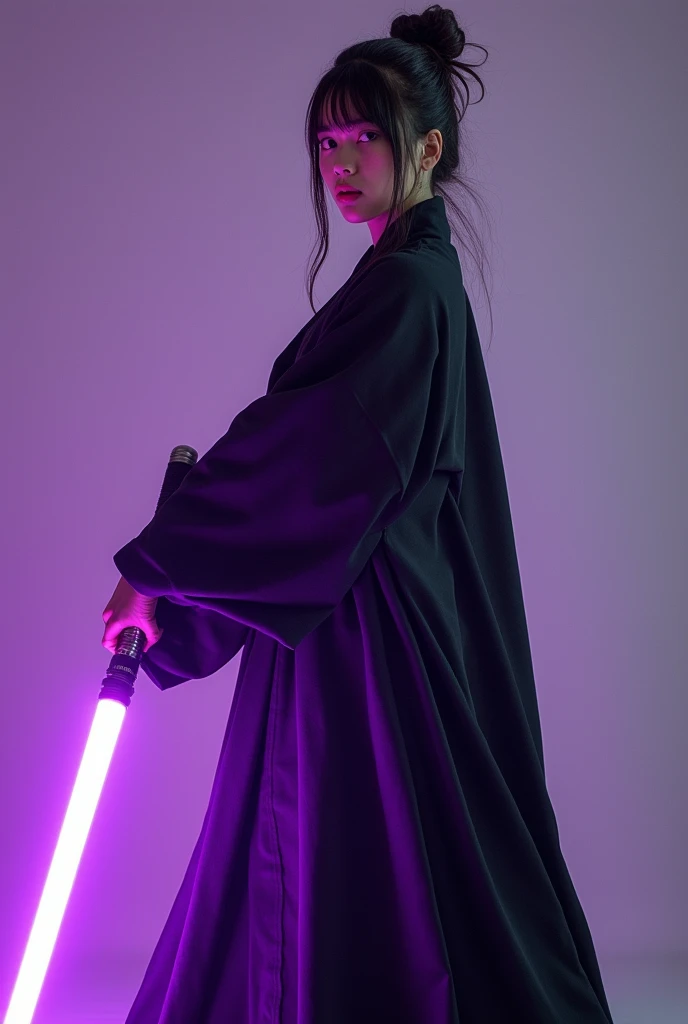 masterpiece of photography, a japanese jedi girl 22yrs wear two piece cover by long clothes, holding violet light saber, dynamic stance pose, high detail, sharpness, photorealism