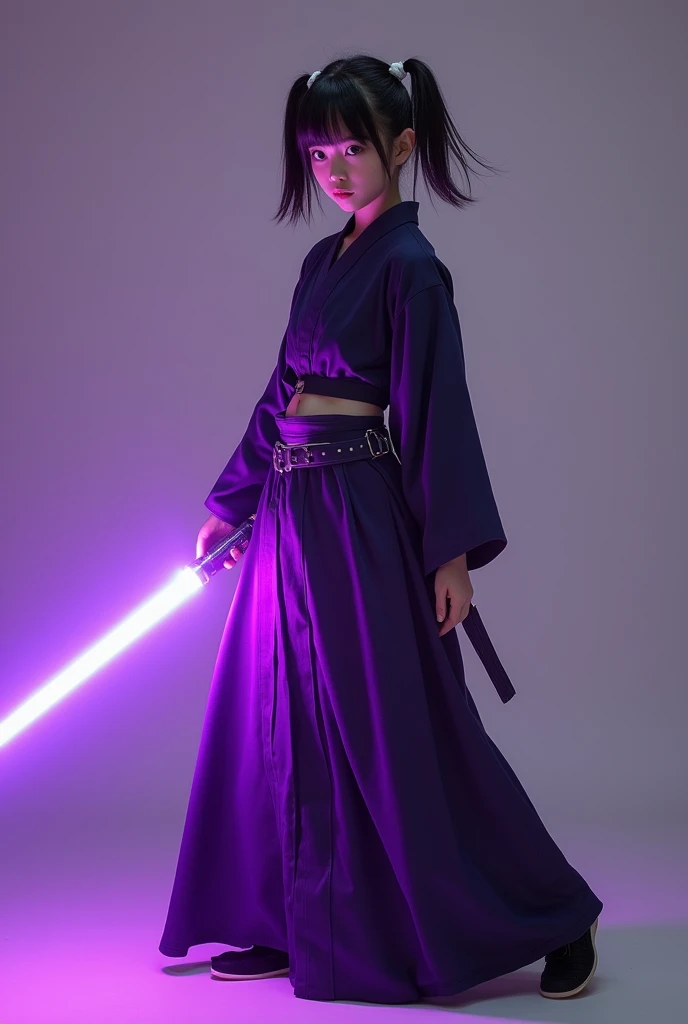 masterpiece of photography, a japanese jedi girl 22yrs wear two piece cover by long clothes, holding violet light saber, dynamic stance pose, high detail, sharpness, photorealism