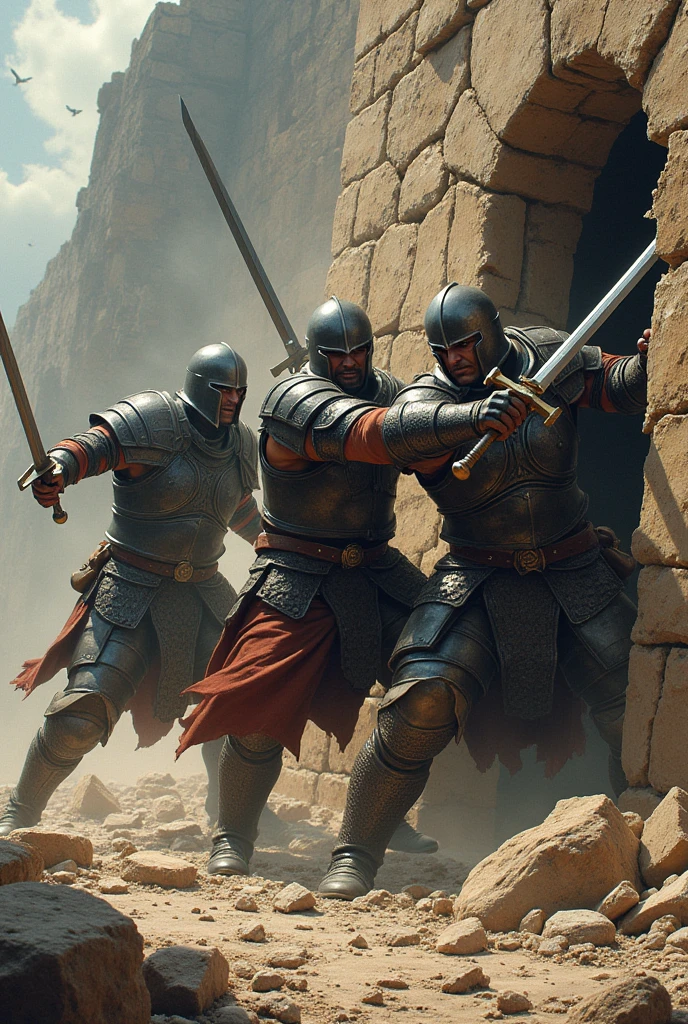 three warriors, holding sword, breaking the wall