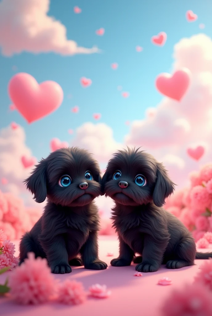 2 adorable black shih zu puppies, bright blue eyes「Pink and blue fantastic sky、Heart shaped cloud floating、Calm digital art」
- 「Heart-shaped clouds floating in a pastel-colored sky、Petals fluttering around、Dreamy landscape」4K --- Expressed like this、You can instruct the image generation AI。3D Pixar style